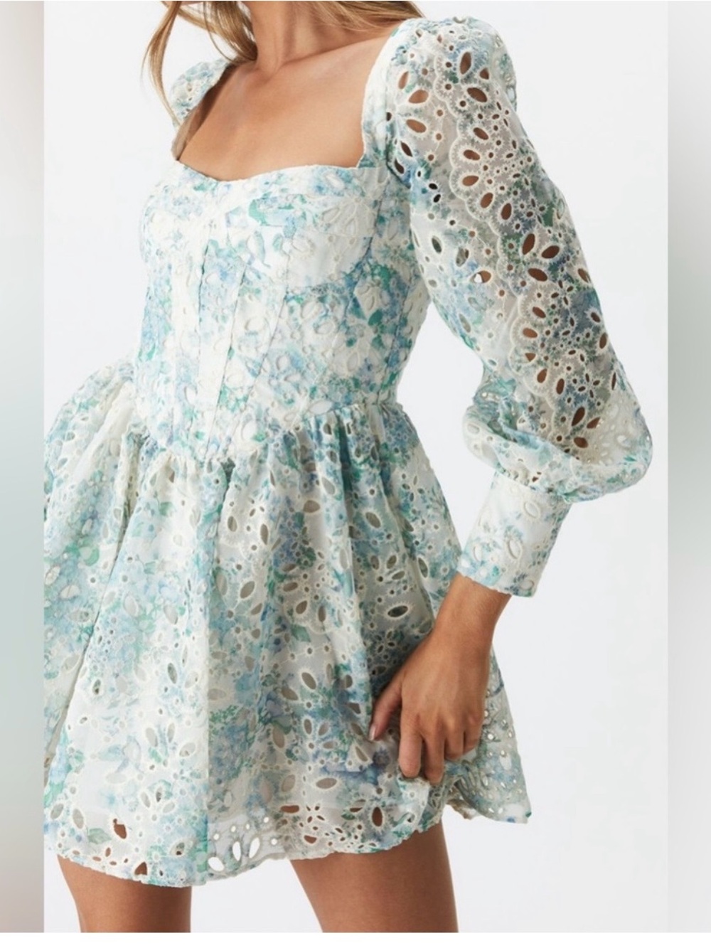 Bardot Light Blue and White Broderie Eyelet Mini Dress